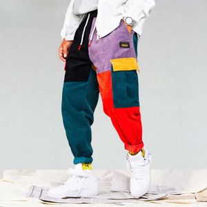 Mannen Corduroy Patchwork Zakken Cargobroek 2018 Joggers cargo Joggingbroek Hiphop Streetwear Broek