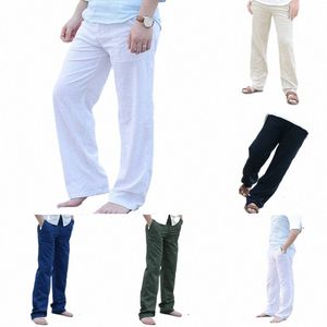 Hommes Cott Linen Wed Leg Pantalon Été Casual Confortable Thai Pêcheur Lâche Lg Pantalon Blanc Noir Solide Automne M-3XL a2Gv #