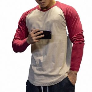 Mannen Cott T-shirt Lg Mouw Patchwork Shirt Bodybuilding Gebogen Zoom Workout Fitn T-shirt Mannen Lente Herfst Sport Kleding H4rL #