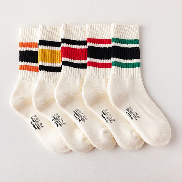 Chaussettes en coton pour hommes avec deux rayures multicolores à la mode rayures épaisses chaussettes de sport en coton à Tube mi-haut