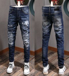 Men Cowboy broek US Euro Fashion Design Metal Match Chain Accent Beschadigde jeans Skater Fit RIP Denim92305577