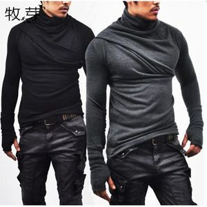 Hombres cuello de capucha Pulgar Agujero Puños camiseta Manga larga Camiseta casual Cuello tortuga Silm Fit Camiseta hip hop streetwear 240201