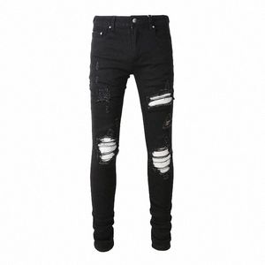 Hombres Cracked Sier Parche de cuero Biker Jeans Streetwear Flaco Tapered Stretch Denim Pantalones Agujeros Ripped Patchwork Pantalones negros m0g7 #