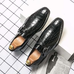 Hommes Crocodile Emed Buckle Decor Monk Shoes, Business Black Dress Chaussures