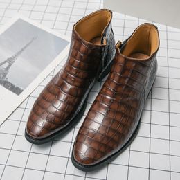 Men Crocodile Solid Boots Shoes Color Patroon PU Square Toe Side Zipper Retro comfortabel Fashion Business Casual Party 93