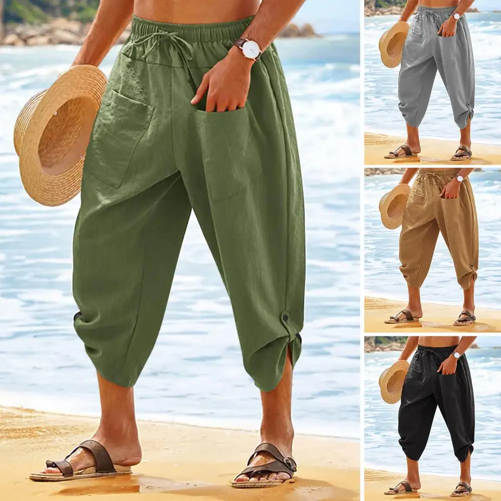 Men Cropped Pants Solid Color Drawstring Beach Trousers Soft Breathable Elastic Waist Casual Pants