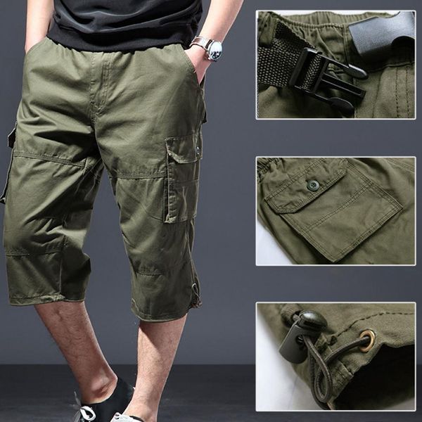 Pantalones cortos para hombre, Color sólido, fino, suelto, hasta la mitad de la pantorrilla, cintura elástica, pantalones Cargo para hombre, ropa holgada para hombre, ropa de calle