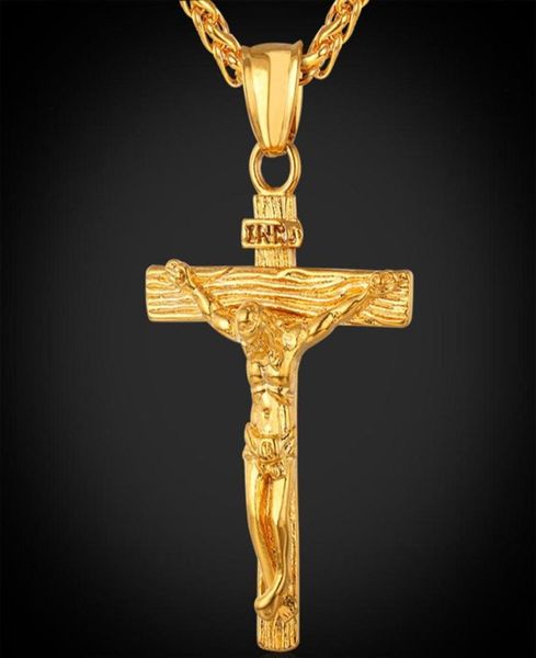 Colgante de cruz crucifijo para hombre con cadena, joyería de bautismo, collar de Jesús antiguo de acero inoxidable/oro de 18 quilates YS31927208483