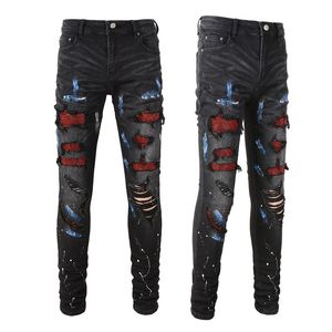 Heren Crystal Holes Ripped Patchwork Jeans Streetwear Zwart Denim Slanke Skinny Potloodbroek Broek