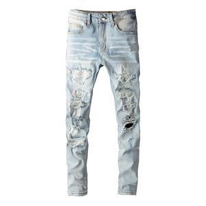 Hommes trous de cristal déchiré Patchwork jean Streetwear bleu clair Denim mince pantalon crayon pantalon 240226