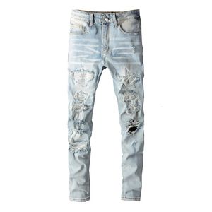 Mannen kristalgaten scheurden patchwork jeans streetwear lichtblauwe denim slanke magere potloodbroek broek 240412