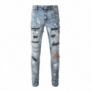 Hombres Crystal Skinny Stretch Denim Jeans Streetwear Agujeros Rasgados Pantalones Distred Pintado Patchwork Pantalones P35R #
