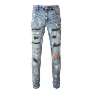 Men Crystal Skinny Stretch Denim Jeans trous de streetwear pantalon en détresse pantalon pantalon patchwork 240417
