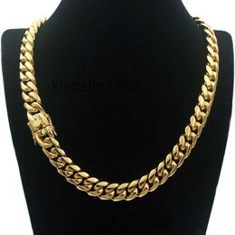 Collier chaîne cubaine pour hommes, bijoux en acier inoxydable, lien gourmette Hip Hop hautement poli, fermoirs de sécurité doubles, estampillé 18 carats, 14mm de 18 pouces à 30 pouces WY5H