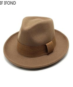 Mannen gebogen randwol vilt fedora hoed vintage trilby jazz hoed herfst winter derby goochelaar feest hoed 2205146458966