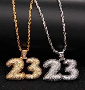 Men Custom Bubble Letter Número 23 Collar colgante Hip Hop Cull Iceed Out Cubic Zirconia Gold Sliver Cz Stone3879589