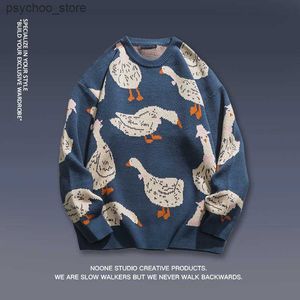 Hommes mignon dessin animé animal canard oie imprimé bleu noir pull tricoté hiver Harajuku décontracté surdimensionné couple pull pulls Q230830