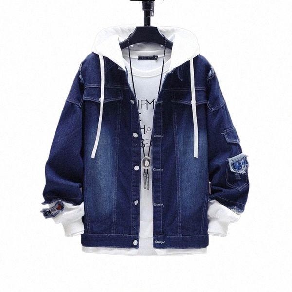 Veste en jean pour hommes Streetwear Hip Hop Vestes en jean à capuche pour hommes Mâle Casual Vêtements d'extérieur en vrac 2023 Nouveau printemps Fi Slim Fit Manteau N1mx #