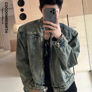 Men denim jassen mode vintage gewassen schouderkussen short jean jas unisex high steet metaal ontwerpkraagkleding 240220