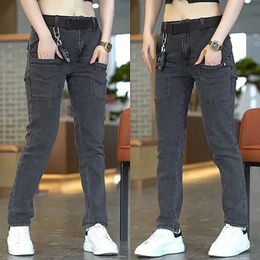 Men pantalones de mezclilla pantalones rectos jeans retro de cintura media con múltiples bolsillos con cremallera para transpirable 240408