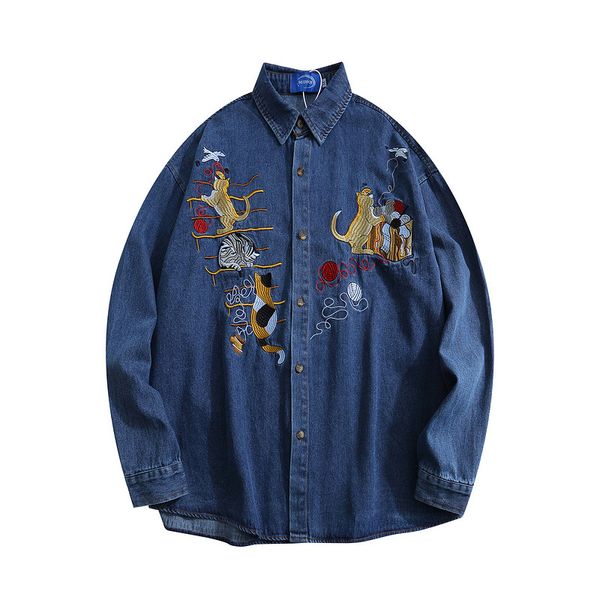 Hommes Denim Chemise Manteaux Y2K Harajuku Broderie Chat Coton À Manches Longues Jeans Chemises Hip Hop Mode Casual Lâche Blouses Veste