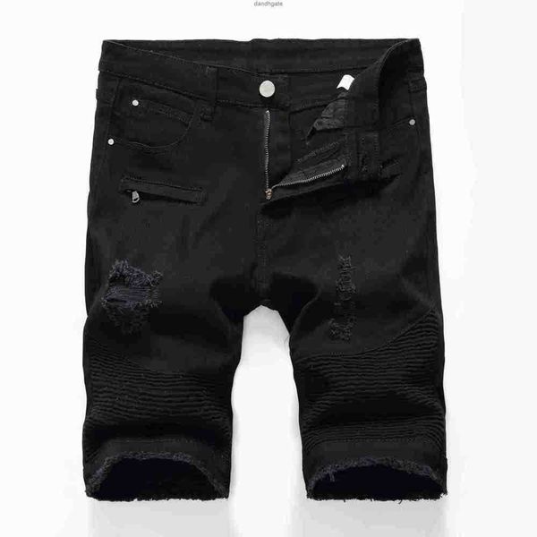 Men pantalones cortos de mezclilla longitud de rodilla delgada gran tamaño en blanco y negro agujeros desgastados jeans cortos de motociclistas q9sy