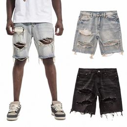 Men Denim Shorts Heren Summer Gedistreerd Stijlvolle kontvlieg gescheurde gaten Slim Fit Koreaanse jeugd voor knie-lengte P9VB#