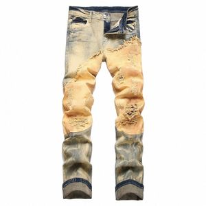 Hommes Desert Camoue Denim Jeans Trous Ripped Distred Stretch Pantalon Patchwork Épissé Pantalon Droit S7KC #