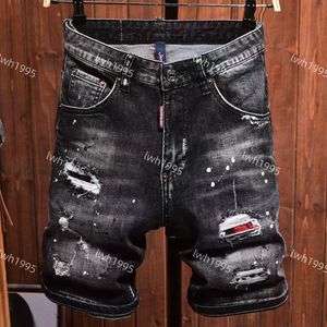 Pantalones cortos de mezclilla negros con bordado de diseñador para hombre, pantalones vaqueros cortos desgastados, pantalones retro blanqueados de talla grande 42 Jb9891