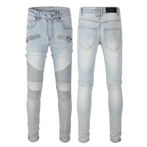 Men Designer Jeans Big and Tall Trousers Denim voor man Skinny Rock Biker Slim Blue Hip Hop Mens Buckle Lange rechte ritsjipper Waste Solid Softener Midweight