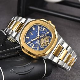 Men Designer Luxury horloges Mechanische holle tourbillon geneve horloge automatische maan fase maan 3 handen stalen band polshorloge
