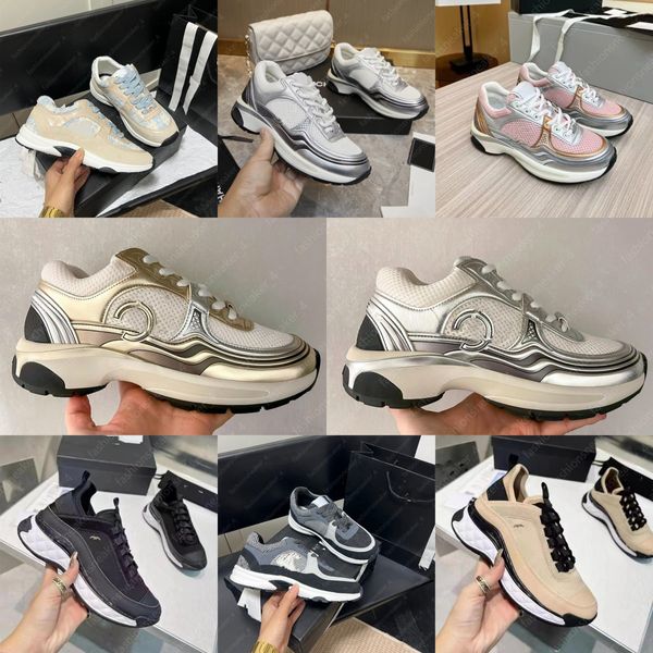 Chaussures de créateurs pour hommes Chaussures de sport Chaussures de luxe blanches argentées en sneaker Marron clair Low Lace-Up Femmes Mode Baskets derma Plate-forme de mode Sneaker Channel Shoes