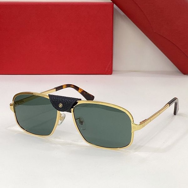 Hombres Diseñador Gafas de sol Mujer Oro Verde Piloto Unisex Marco de metal cuadrado Acabado de rutenio cepillado Tornillos Marrón Cuero Nariz Puente Azul recubierto 58 mm