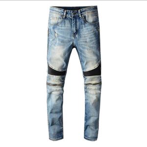 Hommes Drapé Déchiré Skinny moto Biker Trous Lavé ZipperJeans Détruit Pantalon Droit Slim Fit Denim Rayé Salopette Jean277k