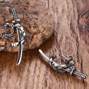 Mannen oorbellen, Japanse Samurai Scimitar Sword Stud Earring, voor heren 14K White Gold Katana Ear Piercing Earing, Punk Juwelen