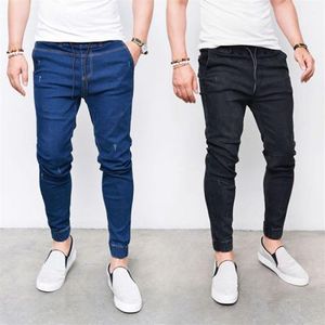 Pantalones vaqueros de cintura elástica para hombre, pantalones vaqueros azules de mezclilla negros informales de primavera, pantalones largos ajustados 235T