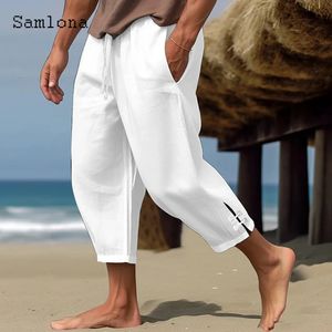 Pantalones de lino con puños y hebilla para hombre, pantalón elegante hasta el tobillo, color blanco sólido, de talla grande, informales, con cordón, a la moda, 240323