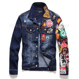 Mannen Geborduurde Badge Denim Jas Streetwear Hip Hop Heren Motorcyle Jean Jassen Mannelijke Mode Slanke Bovenkleding Chaqueta Hombr244K