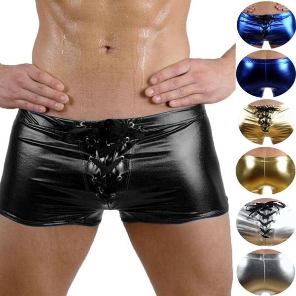 Boxer à bretelles en cuir PU pour hommes, Lingerie érotique, short humide, PVC Latex Club, sous-vêtements brevetés, Boxers284f