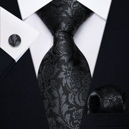 Men Fashion Black Gray Floral Print Necky Dakkerchief Cufflinks Set voor Tuxedo Accessory Classic Silk Luxury Tie Man Gift 240412