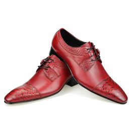 Hommes Fashion Business Derby Office Formal Designer Vintage Designer Red Black Shoe Lace Up Pointed Toe Wedding Genuine Leather Sho