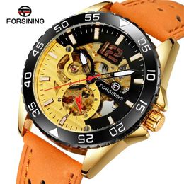 Men Fashion Casual Hublo Watch Automatische mechanische reloj Hombre top lederen horloges Forsining polshorloges241q