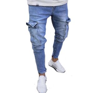 Ropa de moda para hombre, pantalones vaqueros Cargo, pantalones de mezclilla de trabajo ajustados rasgados para hombre, ropa de calle, pantalones de alta calidad de Color sólido 202V