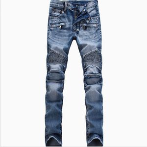 Men Fashion Ripte Biker Jeans Man Distressed Moto Denim Joggers gewassen geplooide motorfiets jeans broek zwart blauw