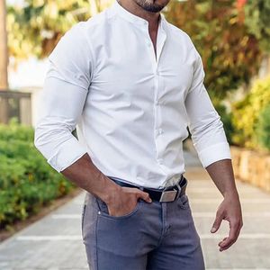 Hommes mode affaires sociales robe chemise solide coupe ajustée Stretch à manches longues décontracté bouton vers le bas Blouse Fitness haut de sport 240220