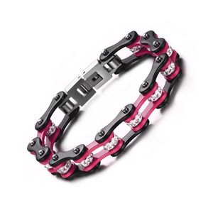 Mannen Mode Rvs Rhinestones Bangle Biker Fietsketting Manchet Ranelet Armbanden Trendy Sieraden Brace Kant Rose / Black