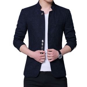 Hommes mode col montant Slim Fit chinois haute qualité mélanges costume veste/mâle décontracté tendance grande taille laine Blazer manteau 220504