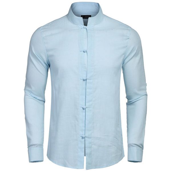 Moda para hombre, cuello alto, botones de rana sólidos, manga larga, informal, primavera de negocios, camisa china de otoño