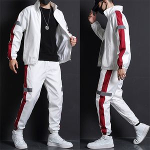 Hommes mode survêtement printemps automne réfléchissant Sweat + pantalons de survêtement ensemble Patchwork Slim Fit Sweat costumes 220215