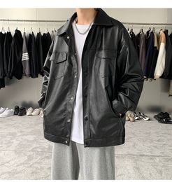 Men Faux Leather Jacket Japanese Streetwear Harajuku Loose Fashion Oversized Vintage Fur Coat Male Casual Y2k Black Trench Coat
